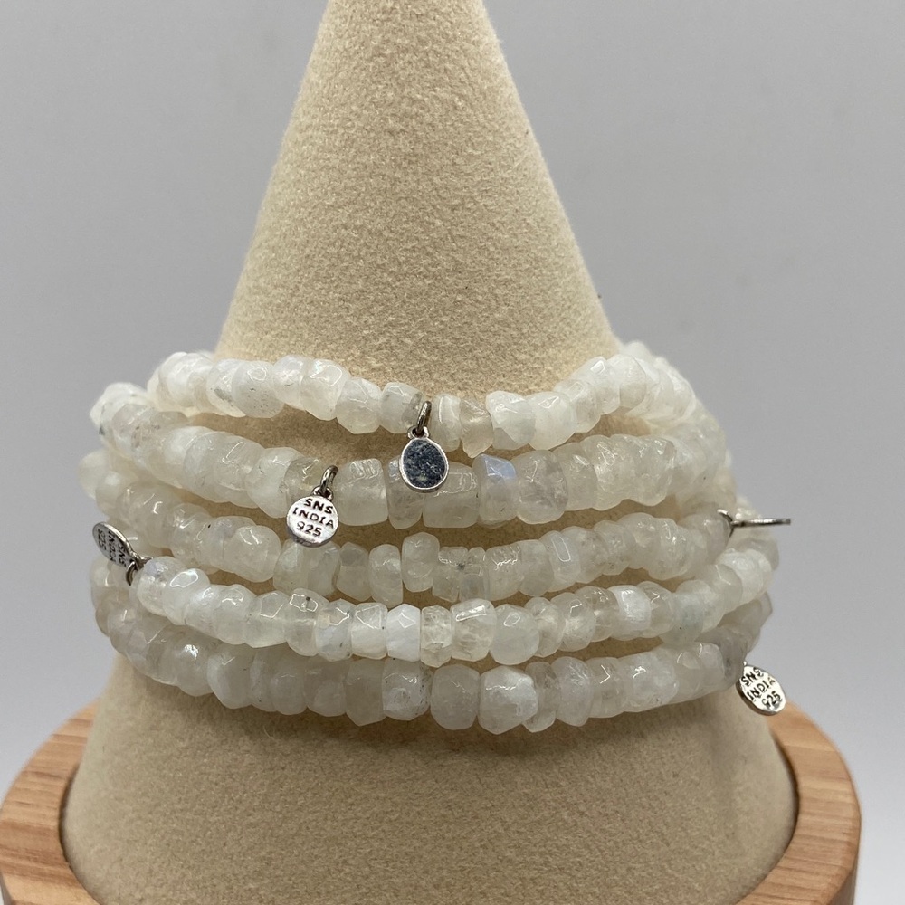 Sterling Silver Rainbow Moonstone Bead Stretch Bracelets Set of 5 Size M/L